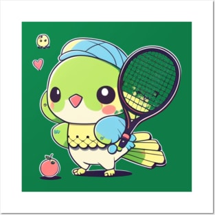 kawaiii cute parrot playing tennis Posters and Art